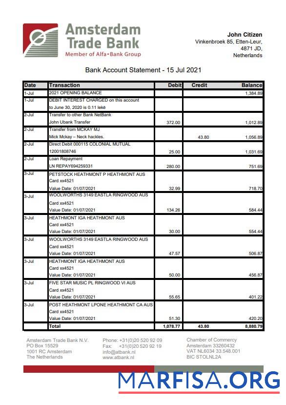 Downloadable Netherlands Amsterdam Trade bank statement excel sample